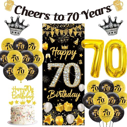 SJZG-Decoration Ballon Anniversaire 70 Ans - Décoration Banderole Joyeux Anniversaire Or Noir Pour Femmes/Hommes, Happy Birthday Bannière Ballons En Aluminium Couronne Pour Le 70E Matériels De Fête