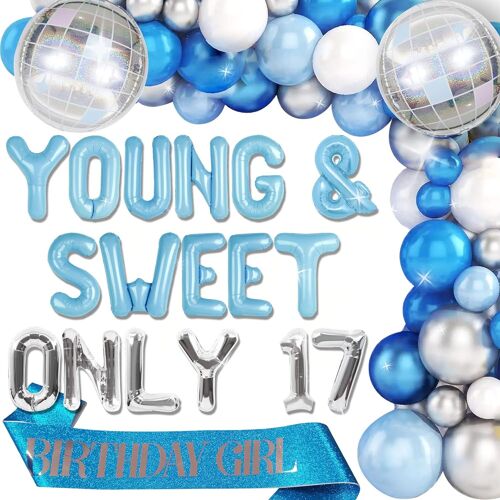 SJZG-Bleu Argenté Décoration D'Anniversaire Pour Young And Sweet Only 17 Bannière Young And Sweet Only 17 Ballons Disco Reine Dansante 17 Décoration Bannière D'Anniversaire