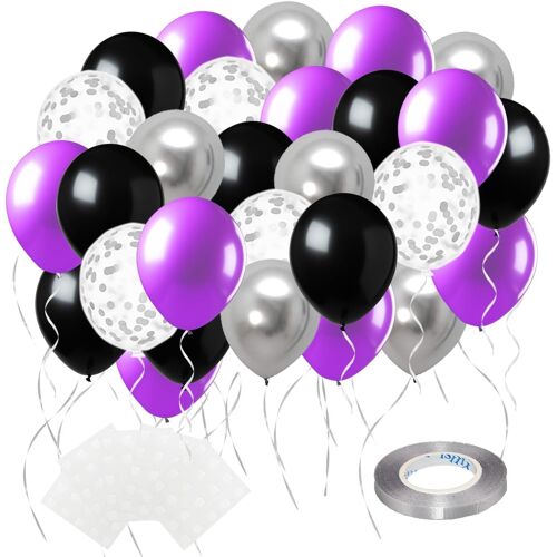 SJZG-Lot De 60 Ballons En Latex De 30,5 Cm, Parfaits Pour Anniversaire, Mariage, Remise De Diplôme, Anniversaire De Mariage, Fêtes D'Halloween (Violet/Noir/Argenté)