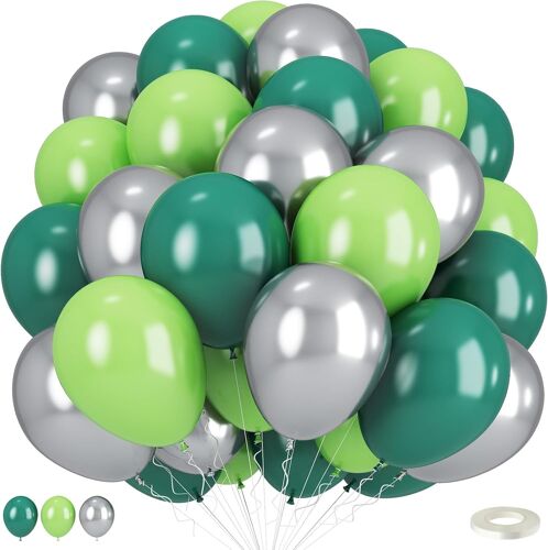 SJZG-Ballons Verts Et Argentés En Latex De 30,5 Cm Pour Garçons Et Hommes - Ballons En Latex Argenté Métallisé Pour Anniversaire, Remise De Diplôme, Jeu Vidéo, Fête Sur Le Thème De La Forêt, Jungle,