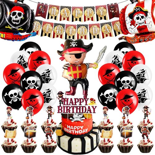 SJZG-Lot De 35 Décorations D'Anniversaire Pirates Rouges Pour Enfants - Trésor Pirate - Décoration D'Anniversaire Pour Garçon - Ballons Pirate - Bateau Pirate - Bannière Happy Birthday - Fête De Pira