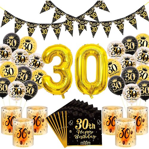 SJZG-30Ans Décoration Anniversaire, Décoration Anniversaire 30Ans En Or Noir, Décorations De Ballon 30Ème Avec Bannière D'Anniversaire, Décorations De Fête De Fond D'Anniversaire Pour Femme Homme