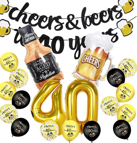 SJZG-Décorations De 40E Anniversaire ¿ Bannière D'Anniversaire « Happy With Cheer » ¿ Décoration De Fête D'Anniversaire ¿ Ballons En Aluminium Pour Femmes Et Hommes (Noir Et Doré)