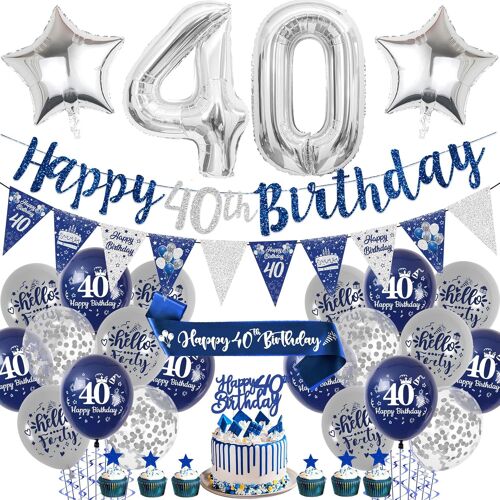 SJZG-Décorations De Gâteau D'Anniversaire 40 Ans Pour Homme \U2013 Bannière « Happy Birthday » Bleu Et Argenté \U2013 Ballons En Aluminium En Forme De Chiffre 40 \U2013 Fournitures De Fête Pour Enfan