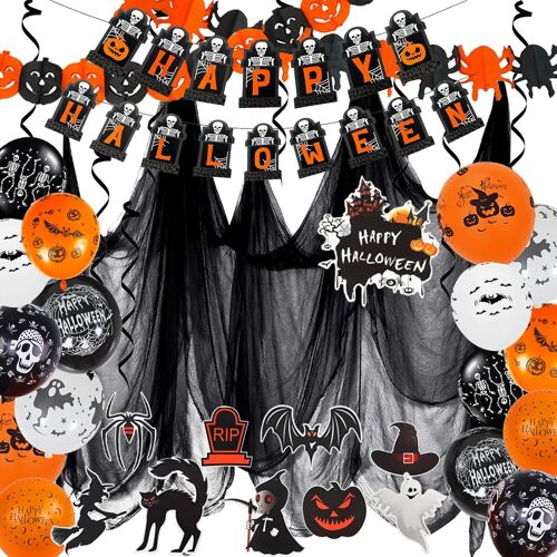 SJZG-Haloween Kit De Décoration D'Intérieur Pour Halloween, Ballons Effrayants Avec Ballons En Latex, Mini Araignées, Toile D'Araignée, Pour La Maison, Halloween, Décoration De Fête Des Enfants (A