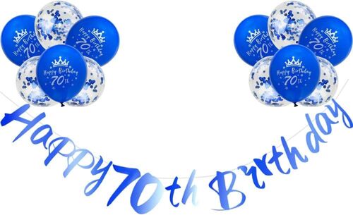 SJZG-Décorations Bleues Pour 70E Anniversaire - Bannière « Happy 70Th Birthday » - Lot De 12 Ballons En Latex Imprimés De 30,5 Cm - Pour Femme Et Homme - Pour 70E Anniversaire