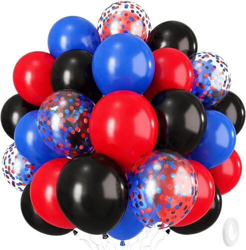 SJZG-Lot De 50 Ballons En Latex Rouge, Bleu Et Noir Avec Ballons À Confettis, Ruban Inclus