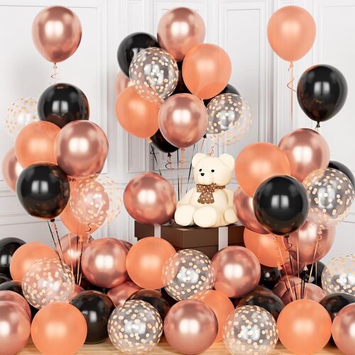 SJZG-Lot De 60 Ballons De Fête En Latex Avec Confettis Or Rose Métallisé Pour Décoration D'Anniversaire, Mariage, Fête Prénatale, Anniversaire De Mariage - 30,5 Cm - Noir Mat Nacré Métallisé