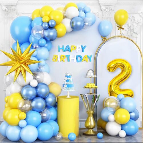 SJZG-Kit D'Arche De Ballons Bleus Et Jaunes Transparents, 2 Ballons Dorés En Forme De Chiffre