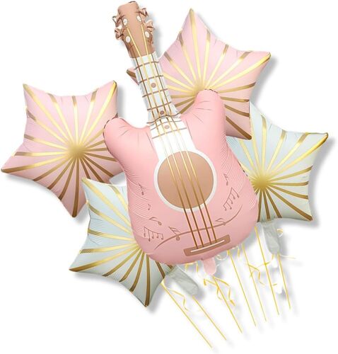 SJZG-5 Ballons En Aluminium, Ballons À Hélium, Comprenant 1 Ballon Guitare Et 4 Ballons Étoile À Cinq Branches, Idéal Pour Concerts, Anniversaires, Mariages, Saint-Valentin (Rose, Beige Clair)
