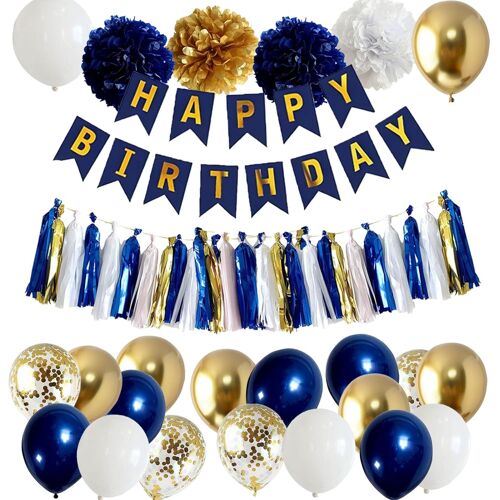 SJZG-Décorations D'Anniversaire Bleues Et Dorées, Décorations De Fête D'Anniversaire Bleu Marine, Or, Blanc Avec Bannière, Ballons, Pompons, Guirlande Pour Hommes Et Garçons, Bleu Marine