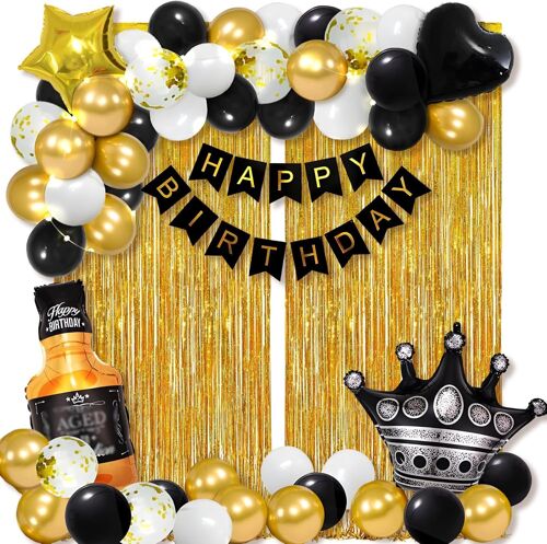 SJZG-Kit De Décoration De Fête D'Anniversaire - Ballons Noirs Et Dorés - Bannière Happy Birthday - Guirlande De Pompons - Rideau Pour Homme Et Femme