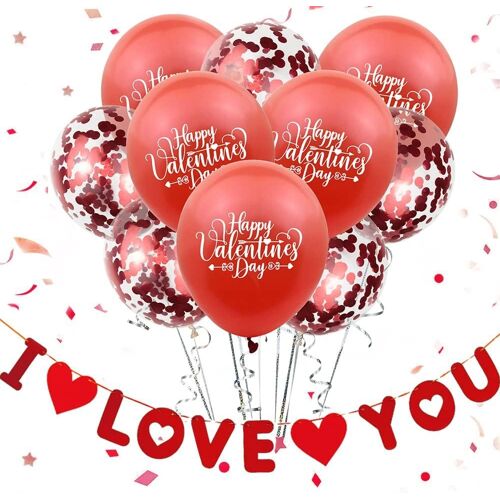 SJZG-Lot De 10 Ballons Rouges, 1 Bannière « I Love You », 5 Ballons En Latex Et 5 Ballons Confettis Avec Un Ruban Rouge Pour La Saint-Valentin, Un Anniversaire De Mariage, Une Fête De Mariage