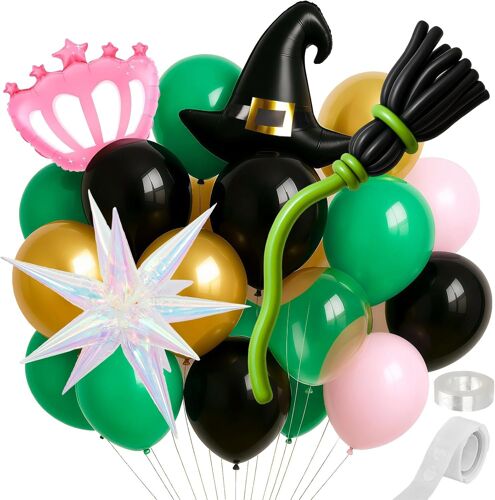 SJZG-Lot De 160 Ballons De Fête Verts Et Roses Pour Fête Sur Le Thème De La Sorcière, Vert, Rose, Noir, Blanc, Or, Corbeau Rose, Chapeau De Sorcière, Étoile Explosive Et Ballons À Balai Pour Décorati