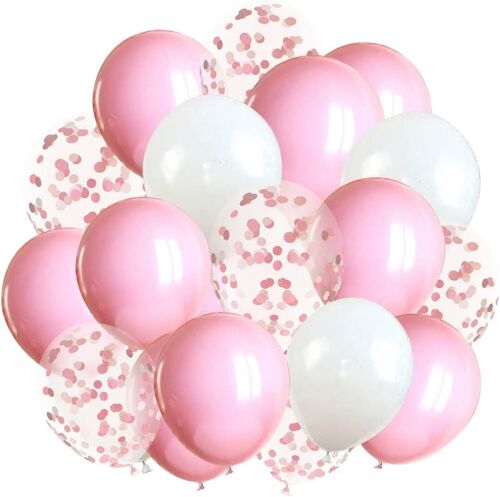 SJZG-Lot De 50 Ballons Roses \U2013 Lot De 30 Ballons Roses, 10 Ballons Blancs, 10 Ballons Confettis Roses Et Blancs, 2 Rubans Pour Fête Prénuptiale, Fête Prénatale, Fête D'Anniversaire, Décorations