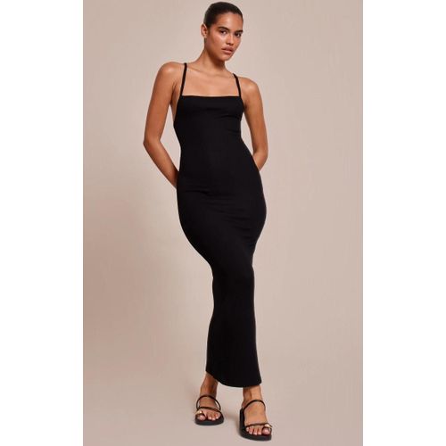 Robe Longue Douce Côtelée Noire À Bretelles Fines, Noir