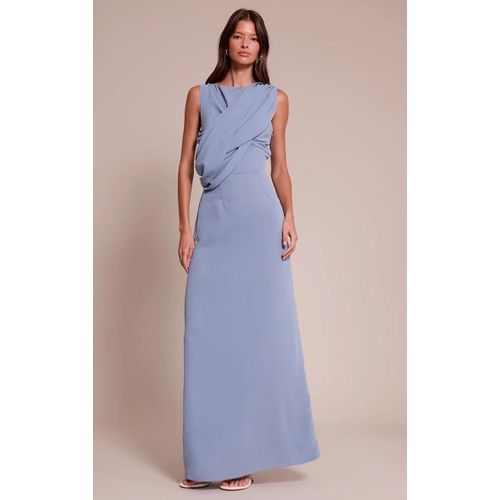 Robe Longue En Mousseline De Soie Bleu Cendré À Partie Drapée, Bleu Cendré