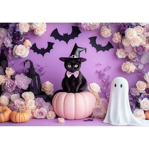 Cute Halloween Ghost With Cats Pumpkin Backdrops Kids Adult Photography Props Purple Bats Big Moon Castle Balloons Backgrounds-Polyester 200x150cm-Bj-1i0784