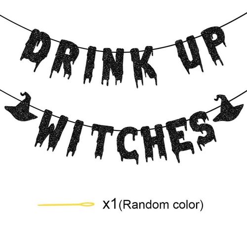 Bannière de sorcières à boire, bannière de fête d'halloween, lettres scintillantes avec Motifs de chapeau noir effrayants pour décorations d'halloween-Noir Font