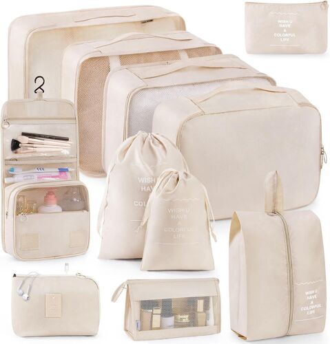 Lot De 11 Cubes D'Emballage Pour Val , Organ Urs De Bagages, Essentiels De Voyage, Organ Ur De Bagages, Trousse De Toilette À Crochet, Trousse De Maquillage Et Sac À Chaussures, Beige