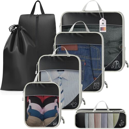 Lot De 7 Sacs De Compression Noirs Avec Jusqu'À 60 % D'Économie D'Espace, Fermeture Éclair De Qualité Supérieure, Cubes De Rangement, Organ Urs De Val , Sacs À Vêtements, Sacs À Dos