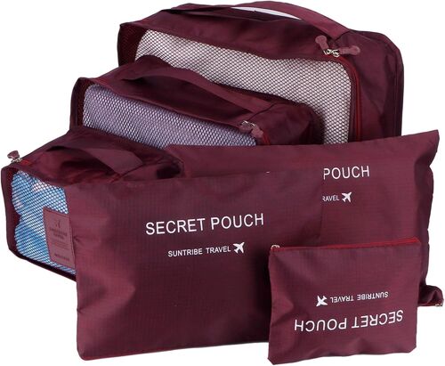 Sac De De Vêtements, Ensemble De 6 Pièces, Organisateur D'Emballage De Bagages Avec Sac De Rangement Pour Voyage, Tissu En Nylon Léger (Wine Red)
