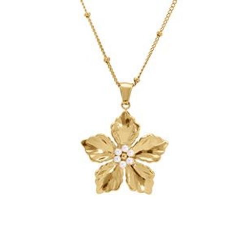 Collier Acier Pendentif Fleur Perles Blanches Imitation 43+5cm