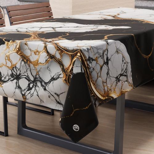 Nappe Anti-Taches Rectangulaire Pour Cuisine, Élégante, Effet Marbre Noir Et Blanc, X6 Places (140 X 180 Cm) 100% Fabriquée En Italie