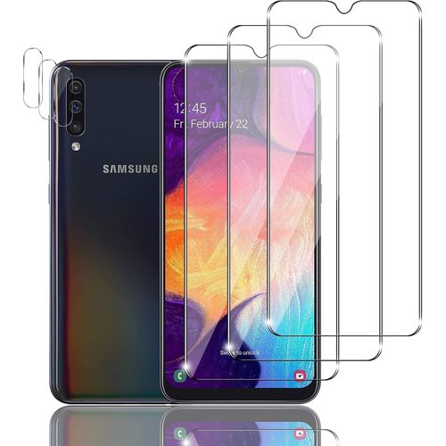 Sjzg-3+3 Pièces Verre Trempé Compatible Avec Samsung Galaxy A50 Avec 3 Pièces Caméra Arrière Protecteur, 9h Dureté, Sans Bulles, Film Protection Écran Pour Samsung Galaxy A50
