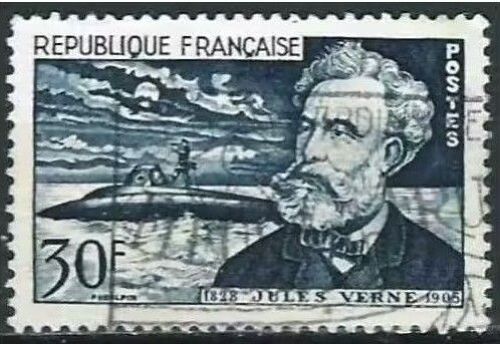 France 1955, Beau Timbre Yvert 1026, Cinquantenaire De La Mort De Jules Verne, Portait Et Illustration Du Nautilus, Oblitéré, Tbe