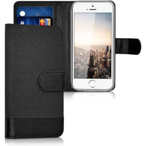 Coque Portefeuille Compatible Avec Apple Iphone Se (1.Gen 2016) / Iphone 5 / Iphone 5S - Étui À Rabat Simili Cuir Avec Compartiment Cartes - Anthracite-Noir[CAR781889]