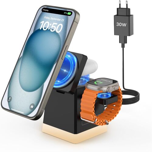 SJZG-Station De Charge 3 En 1 Magsafe Avec Adaptateur 30 W, Station De Charge Sans Fil Pliable Avec Veilleuse, Compatible Iphone 12/13/14/15 Pro/Max/Plus