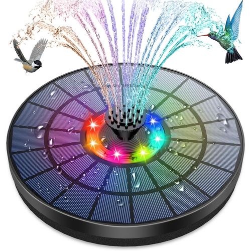 AMZtime LED Fontaine Solaire Extérieur- 5.5W avec Lumières Colorées LED et Batterie et 7 Buses Pompe Solaire Fontaine, pour Bassin Bain d'oiseaux Jardin