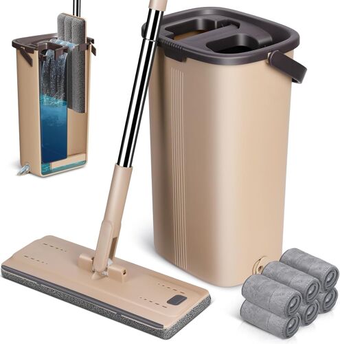 KALANKA-Balai Plat Microfibre et Seau Essoreur, Serpillère Rotative 360° et Seau de Système Auto-Lavage pour Nettoyage de Sol Humide & Sec, avec 6 Tampons (Beige)