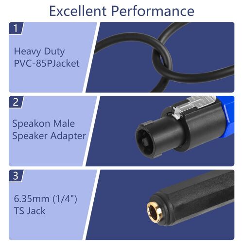 Câbles de haut-parleur Speakon vers jack mono femelle 1/4 TS, adaptateur audio jack TS 6,35 mm (1/4"") vers haut-parleur mâle Speakon pour cordon de haut-parleur DJ/PA