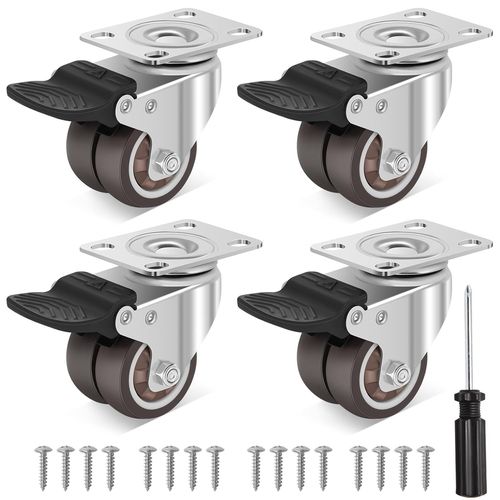 50 Mm Double Castors For Furniture With 4 Brakes,Up To 400 Kg Heavy Load,Silent And Non-Marking Rubber Casters For Furniture,Tables,Cabinets,Pack Of 4