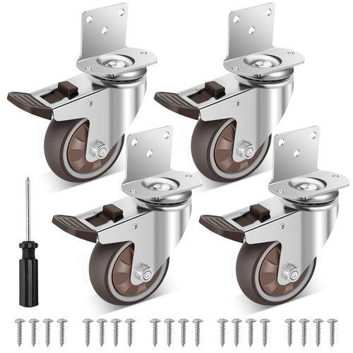 75 Mm L Mounting Plate Castors With 4 Brakes,Heavy Load Caster Up To 450 Kg,Silent And Non-Marking Rubber Casters For Furniture,Tables,Cabinets,Pack Of 4