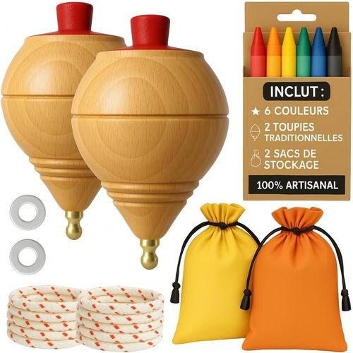 TIANYI-AF® - Toupie Bois - Set 2 toupie Enfant + 6 Cires de Couleurs pour Enfants | Personnalisez Votre toupie en Bois Traditionnelle