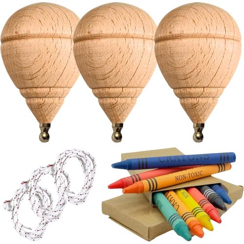 TIANYI-AF® - Toupie Bois - Set 3 toupie Enfant + 12 Cires de Couleurs pour Enfants | Personnalisez Votre toupie en Bois Minis