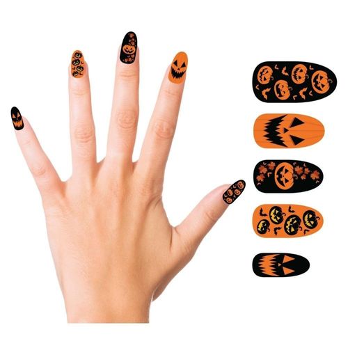 10 Faux Ongles Citroulle Halloween Adhésif Adulte