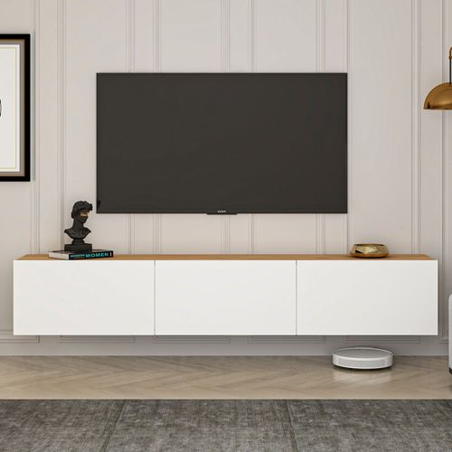 Meuble Tv Suspendu Avec Placards 150cm Blanc Et Bois Hal