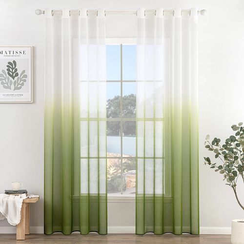 Cheng-Lot De 2 Voilages Rideaux Dégradé À Oeillet Moustiquaires De Fenêtre En Polyester De Couleur Changée Voile Ombre Demi-Transparent Décor Pour Salon Chambre Bureau 140x145cm(L X H) Vert Olive