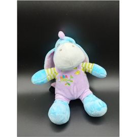 Doudou Peluche Bourriquet - Salopette Violette - T Shirt Vert Rayé - Motif Nid Oiseau - Nicotoy Disney - Env. 24 Cm