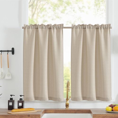 Cheng-Rideaux Cuisine Court Beige 70h X 90l(Cm) Pour Meuble Bas Placard Fenetre,À Passe Tringle Intérieurs,Petit Rideau Brise-Bise,Moderne,2 Panneaux
