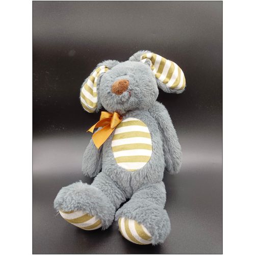 Doudou Peluche Lapin - Gris, Vert & Blanc - Noeud Satin - Env. 32 Cm - Auchan