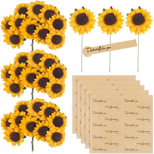 100pcs Tournesol Artificielle Fausse Bouquet de Tournesol avec Tige et 5 Feuilles 90pcs Autocollants Stickers Fleurs Floral Décoration Carte pour Fête Mariage Travaux Manuels Festival Maison