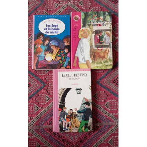 Lot De 3 Livres  Bibliothèque Rose : Les 5 Et Le Secret Du Vieux Puits+ Le Club Des Cinq En Vacances ( Rare Et Recherché)+Le Clan Des 7, Les 7 Et La Boule De Cristal. Très Bon État.