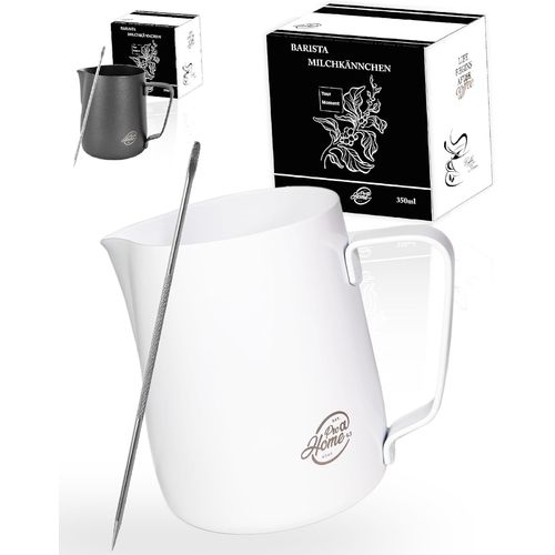 CHAAS-® Pichet à Lait Inox 350ml, Mousseur à Lait pour Cappuccino et Espresso, Blanc, Pot à Lait en Acier Inoxydable (aussi 600ml), Inclus un Stylo pour Latte Art et une Boîte Cadeau