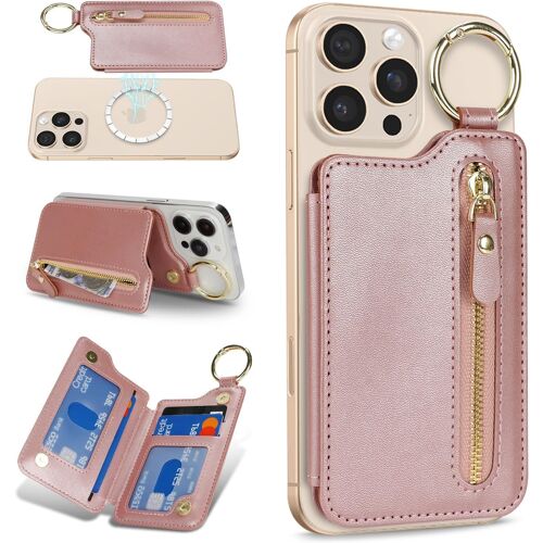 SJZG-Compatible Avec Magsafe Portefeuilles Cuir Et Porte-Cartes Avec Porte Clé Zippé Magnétique Iphone 16/15/14/13/12 Série Pour Magsafe Wallet - Rose