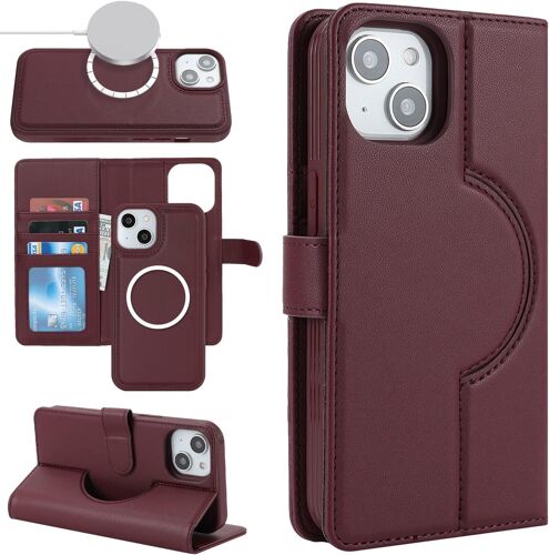 SJZG-Coque Compatible Avec Iphone 15 Etui Compatible Avec Magsafe,Flip Portefeuille Etui En Cuir,[2 In 1][3 Porte Cartes][Magnétique] - Rouge